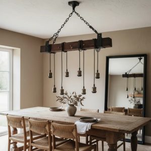 Luminaria Vintage Colgante En Madera Rustica Para 8 Lamparas - Imagen 3