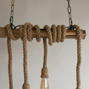 Luminaria Colgante 4 Luces Rustico Con Cuerdas Simil Madera - Imagen 4