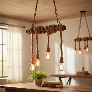 Luminaria Colgante 4 Luces Rustico Con Cuerdas Simil Madera - Imagen 3