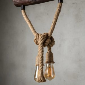 Colgante Rustico Con Cuerdas Y Tronco De Madera 2 Lamparas - Imagen 2