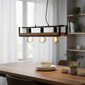 Luminaria Colgante 3 Luces Vintage Metal Y Madera Barra - Imagen 2