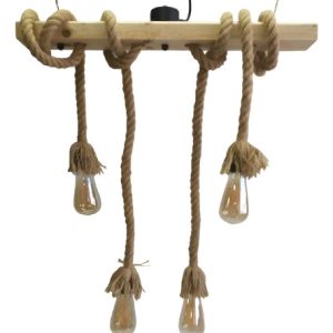 Luminaria Colgante 4 Luces Madera Y Cuerda Soga 60cm - Imagen 3
