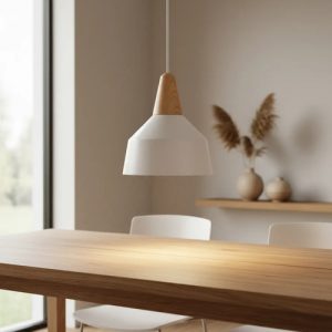 Luminaria Colgante Nordico Madera Y Metal Color Blanco - Imagen 2