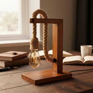 Lampara Portatil De Mesa En Madera Con Cuerda Vintage - Imagen 1
