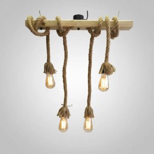 Luminaria Colgante 4 Luces Madera Y Cuerda Soga 60cm - Imagen 1