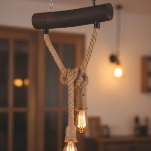 Colgante Rustico Con Cuerdas Y Tronco De Madera 2 Lamparas - Imagen 6