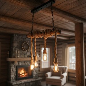 Luminaria Colgante 4 Luces Rustico Con Cuerdas Simil Madera - Imagen 6