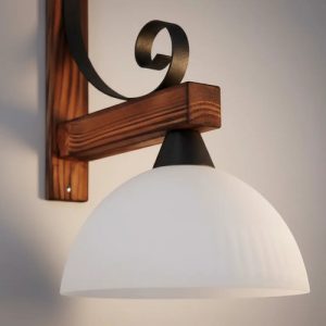 Aplique De Pared En Hierro Y Madera Con Campana De Vidrio - Imagen 5