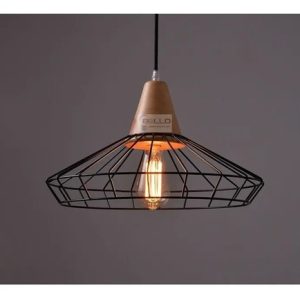 Luminaria Colgante Jaula Negra Y Madera Grande Vintage Retro - Imagen 2