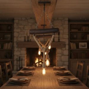 Colgante Rustico Con Cuerdas Y Tronco De Madera 2 Lamparas - Imagen 3